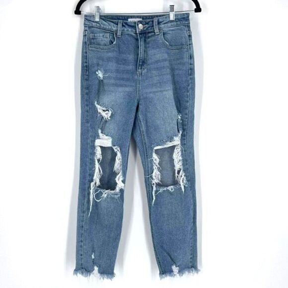 Cello Hi Rise Distressed Raw Hem Straight Leg Jeans Blue Denim Size 5 destroyed - Picture 1 of 14